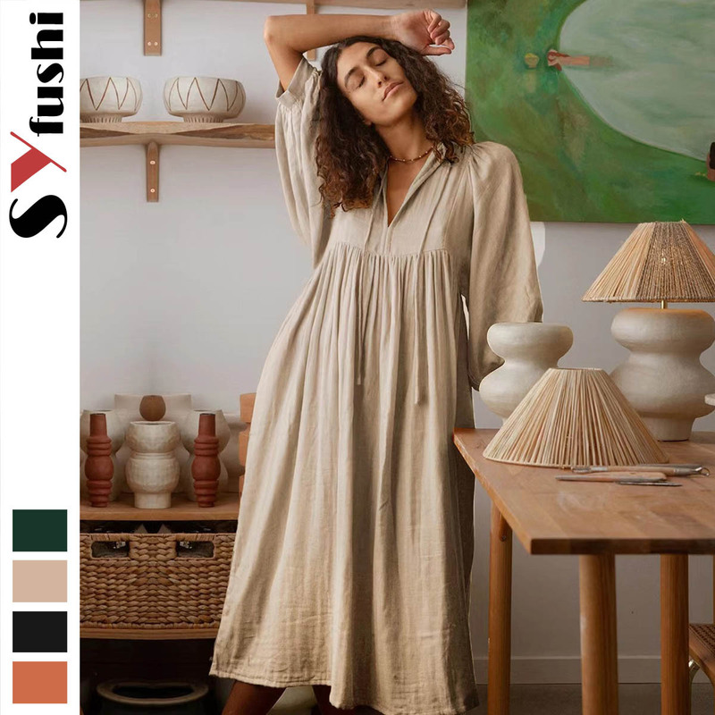 Cross-border Amazon Autumn New plus size loose long sleeve lantern sleeve casual retro solid color long dress