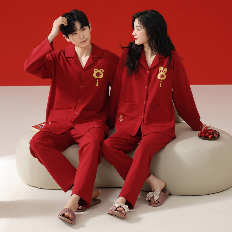 (2개) 커플 파자마 레드 긴팔 정장 순면 여성 봄 가을 남성 신혼 가을 겨울 조디악 연도 홈 의류