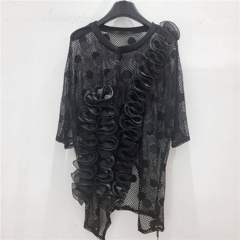 Jacquard estereoscópico hueco suelto gran tops de manga corta, camiseta de malla única de alta calidad para mujeres