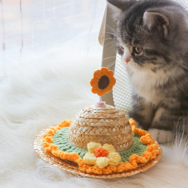 狗狗帽子猫咪可爱头饰泰迪柯基小型犬遮阳帽草帽搞笑头盔装饰用品