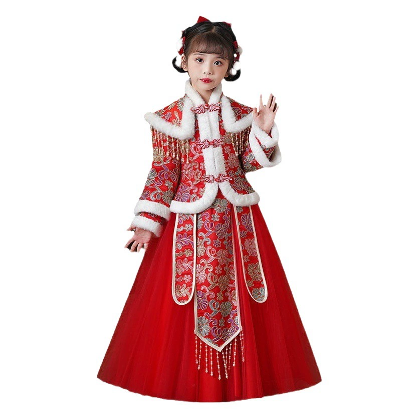 Детский зимний костюм Ханьфу YX, новогодний наряд для девочек, традиционная китайская одежда, утепленный детский костюм Тан, наряд на Новый год в год Кролика, зима.