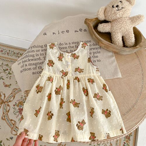ins  summer clothes for infants and young children, baby girls, cotton bear print, cut-out craft vest, small long skirt