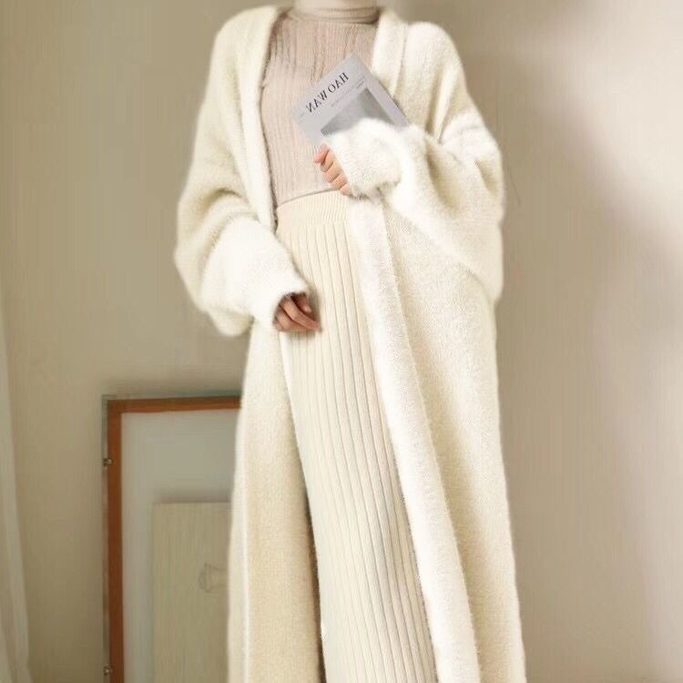 Sweater Women's Autumn and Winter Long Imitation Mink Velvet Cardigan Loose Large Size Thickened Mid-Length Lazy Style Knitted Spring Melting