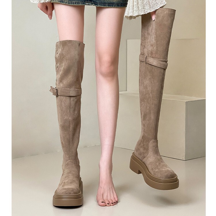 [Ready Stock] Over-The-Knee Boots for Women 2025 New Thick Heel Retro Rivets Large Size Suede Two-Wear Knight Boots