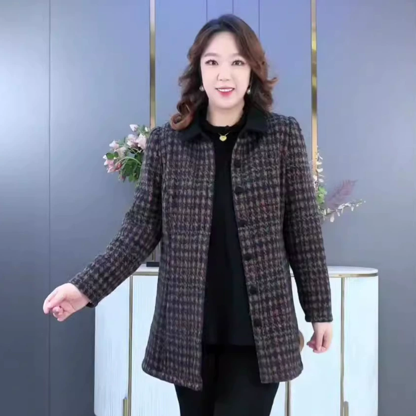 Осень и зима 2024 Плюс размер толстая MM повседневная тысяча птиц шерстяной кардиган с длинными рукавами свободная куртка для мамы средних лет женская одежда