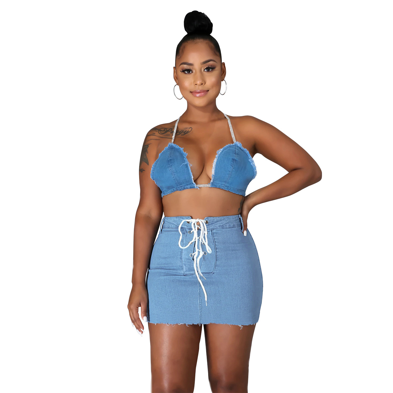 Women's Clothing Slim-fit Lace Up Denim Hip-wrapped Short Skirt display picture 2