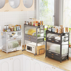 Dustproof bowl and dish storage rack with flip-up countertop plate, utensil, and condiment cabinet, kitchen microwave high-leg shelf