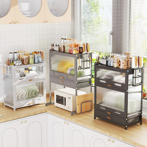 Dustproof bowl and dish storage rack with flip-up countertop plate, utensil, and condiment cabinet, kitchen microwave high-leg shelf