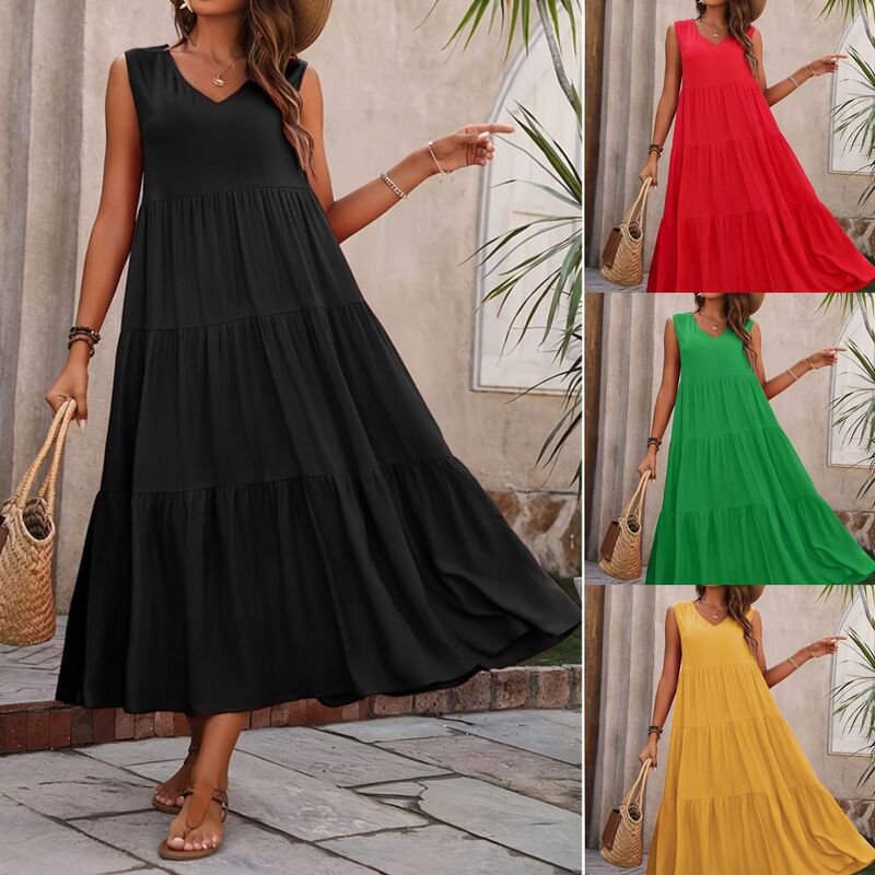 2026 European and American Style Cross-Border Women's Summer Solid Color V-Neck A-Line Flared Cake Dress Loose Sleeveless Tank Dress 2026 European and American Style Cross-Border Women's Summer Solid Color V-Neck A-Line Flared Cake Dress Loose Sleeveless Tank Dress