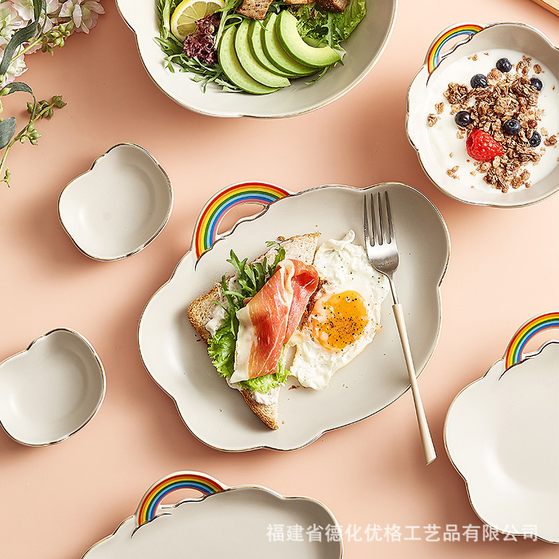 Rainbow ceramic tableware suit creative high-looking fruit salad bowl cute girl Heart Breakfast Bowl plate dish Rainbow ceramic tableware suit creative high-looking fruit salad bowl cute girl Heart Breakfast Bowl plate dish