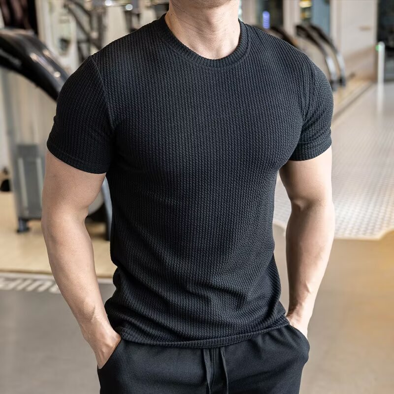 Short-sleeved T-shirt Men's Round Neck Summer New Slim-fit Korean Style Fashionable Muscle Stripe Solid Color Casual Jacquard Short T