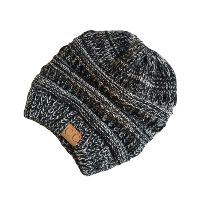 欧美时尚针织帽外贸热销皮标马尾帽秋冬保暖女士帽子CC标女士帽子