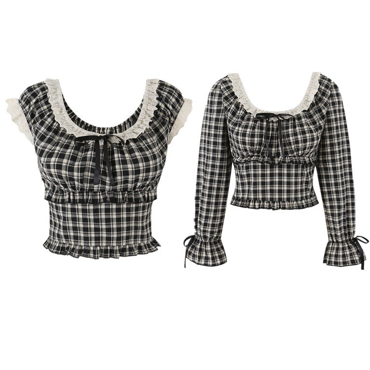 Dual Version Summer Lace-Up Plaid Lace Long-Sleeve Short Shirt for Women, Sweet and Spicy Square-Neck Bow Short-Sleeve Plaid Top Dual Version Summer Lace-Up Plaid Lace Long-Sleeve Short Shirt for Women, Sweet and Spicy Square-Neck Bow Short-Sleeve Plaid Top