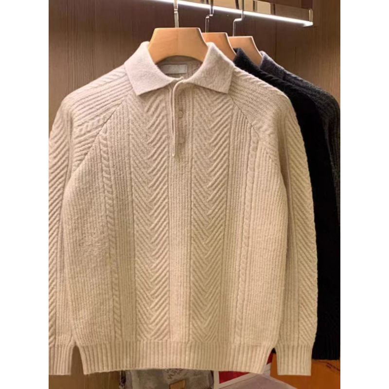 Japanese Vintage Minimalist Jacquard Textured Lapel Sweater Top Solid Color Men's Slim-Fit Pullover Sweater