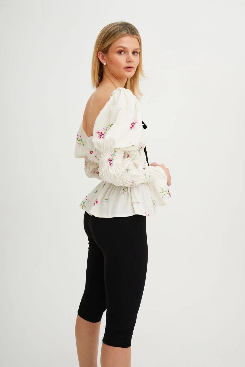 Long Sleeve Square Neck Bow Slim Floral top NSXDX133705