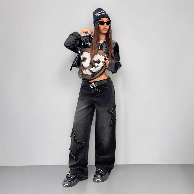 Cross-Border European and American Retro Embroidered Star Gradient Jeans Spring Loose Straight Wide-Leg Long Pants Trendy