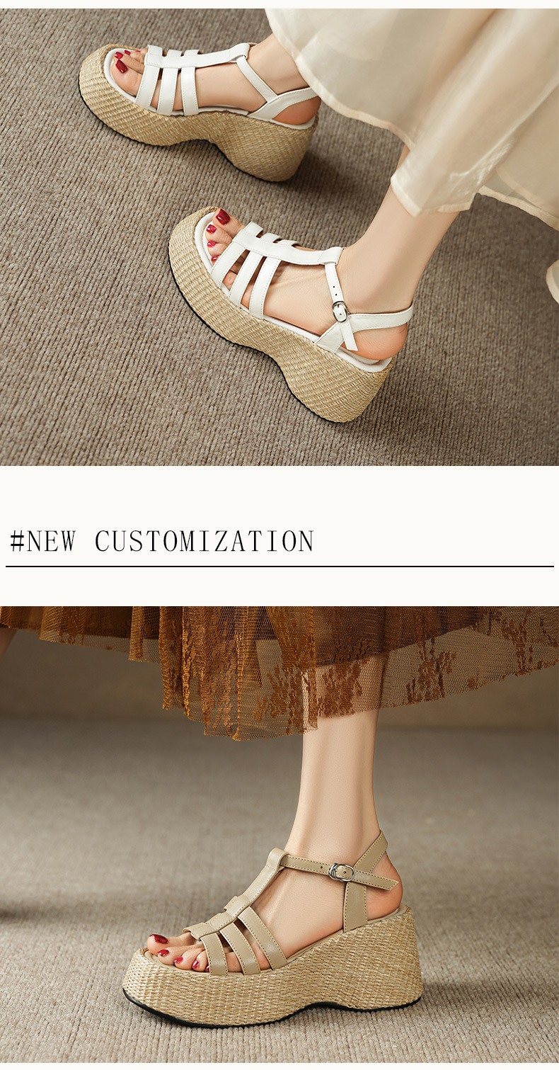Sandal nữ quai ngang đế xuồng đan cói cổ điển phong cách nghỉ dưỡng, gót 9 cm — Màu trắng, Màu mơ chi tiết 3