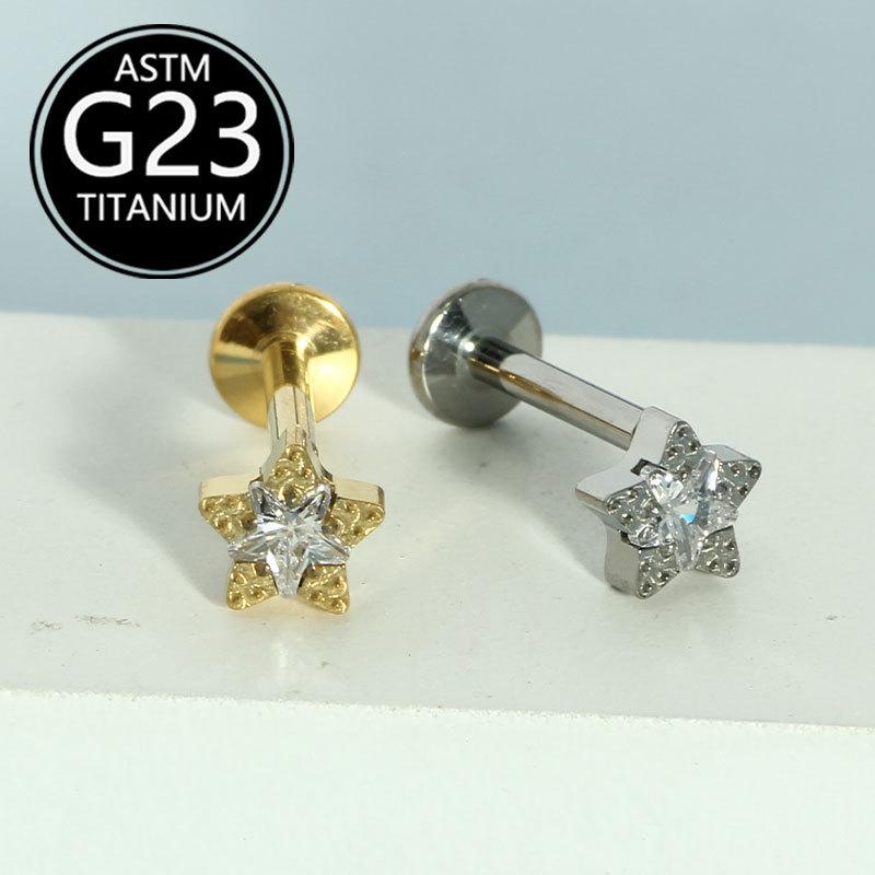 F136 Titanium Alloy Sweet Five-Pointed Star Inlaid Zircon Earrings Mini Star Ear Bone Nails Lip Nails Body Piercing Jewelry detail image 5
