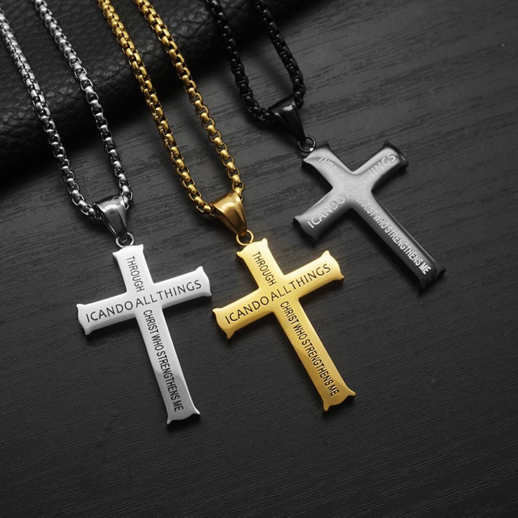 I Can Do All Things English Three-Color Cross Hip-Hop Titanium Steel Pendant Men's Necklace Jewelry