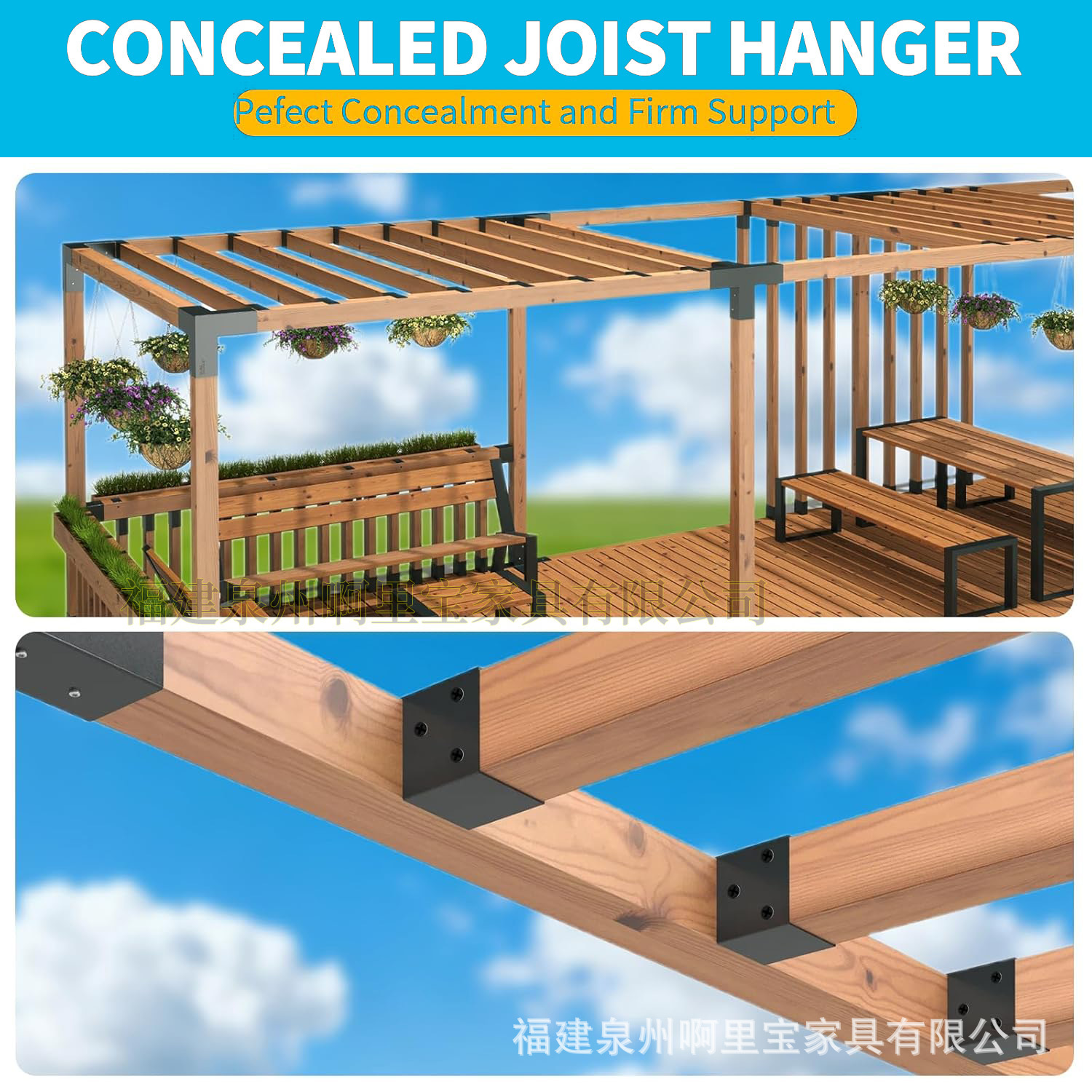 Soporte Oculto para Viga de Madera con Fijación de Tornillos para Terraza y Pabellón