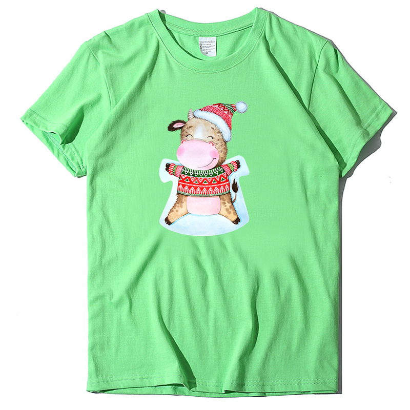2025 Amazon Cross-border Christmas Cute Hat Niu Niu Cartoon Printed T-shirt Urban Casual Short-sleeved Crewneck