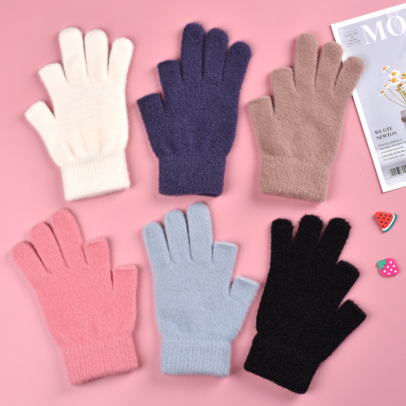 winter leaky two-finger crystal yarn glove male and female student game mobile phone touch screen gloves knitted warm gloves wholesale