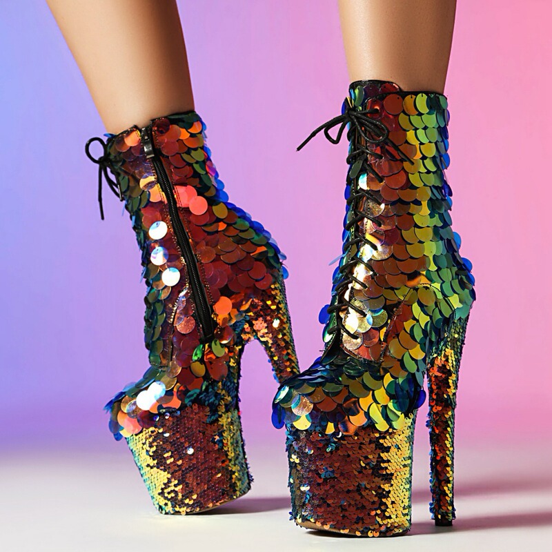 20cm Super High Heel Waterproof Platform New Short Boots Trendy Stage Catwalk Performance Autumn and Winter Sequins