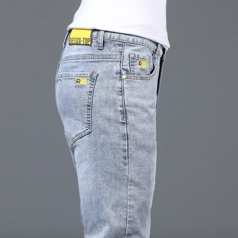 Printemps et automne mince hommes jeans tendance polyvalent couleur claire minceur petite jambe coquin beau mode lavé décontracté_voghion.com