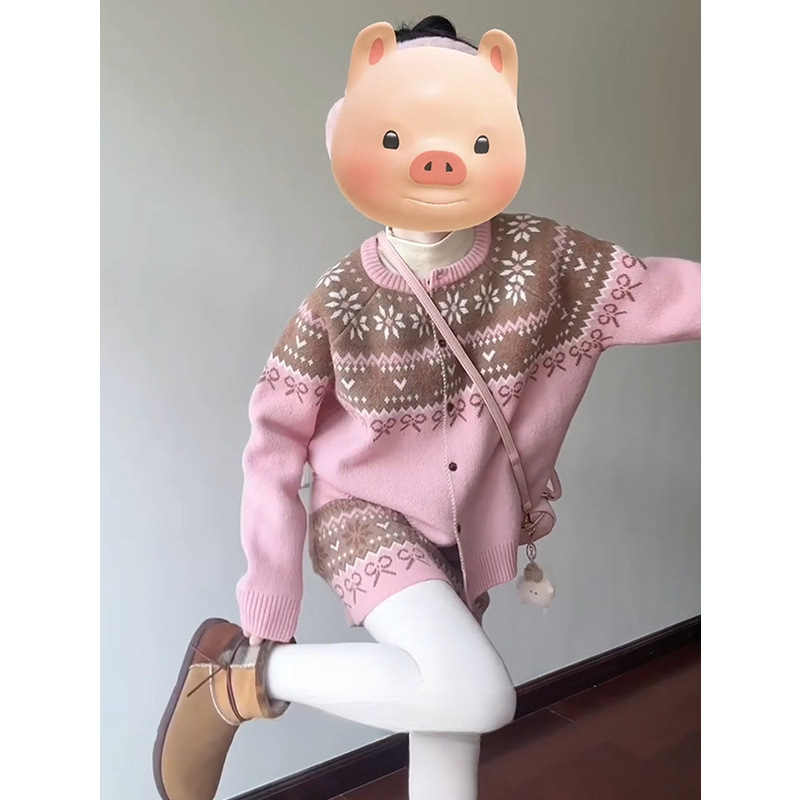 慵懒风粉色提花毛衣针织半身裙套装女春季新款宽松上衣短裙两件套|undefined