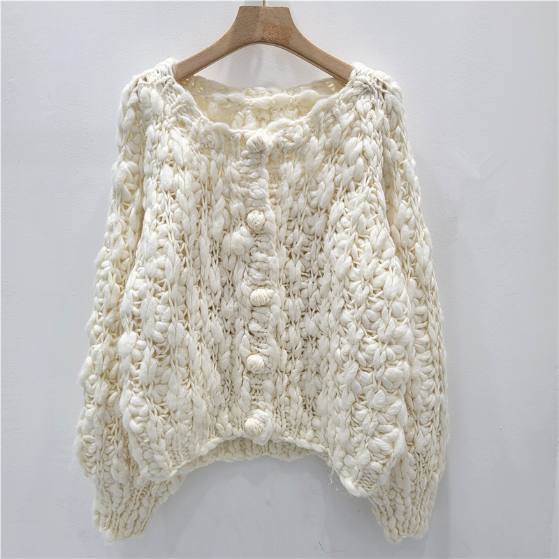 Solid Color Thick Stick Stitch Outer Sweater Cardigan 25 Autumn and Winter Loose Short Knitted Hand-Knitted Jacket Western Style Top