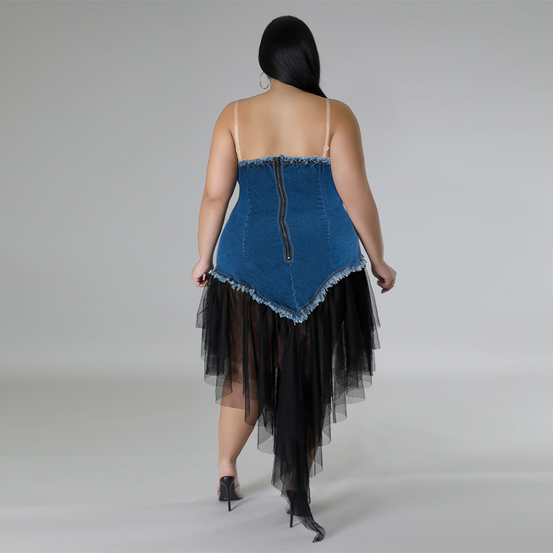 Damen Plus Size Kleid Mit Denim Patchwork Und Mesh Für Jeden Anlass_voghion.com