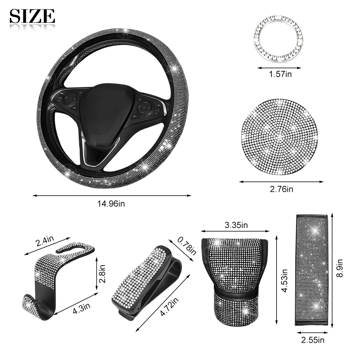11-Piece Car Interior Set with Diamond-Encrusted Steering Wheel Cover, Car Hook, Glasses Holder, One-Touch Start Ring
