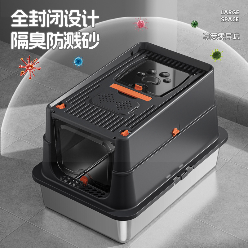 全封闭不锈钢猫砂盆超大号防外溅全翻盖带提手猫厕所跨境宠物用品|undefined