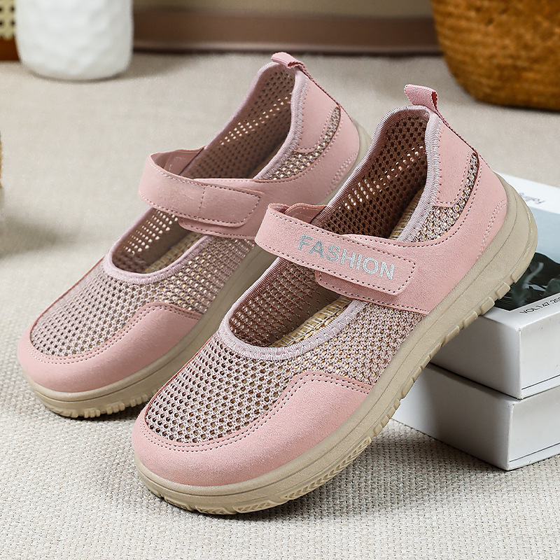 Zapatos de mujer nuevos zapatos de velcro, zapatos casuales de malla transpirables, zapatos ligeros huecos, zapatos de mujer cómodos con suela suave.