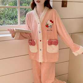 可爱KT猫海岛绒睡衣女冬季V领长袖长裤保暖压花可外穿家居服套装