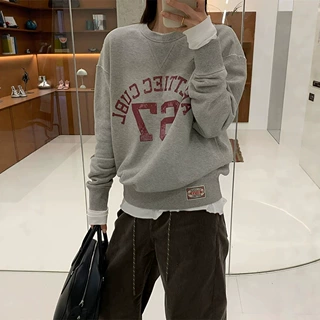 美式短款字母印花圆领卫衣女2026新款早春宽松小个子灰色长袖上衣