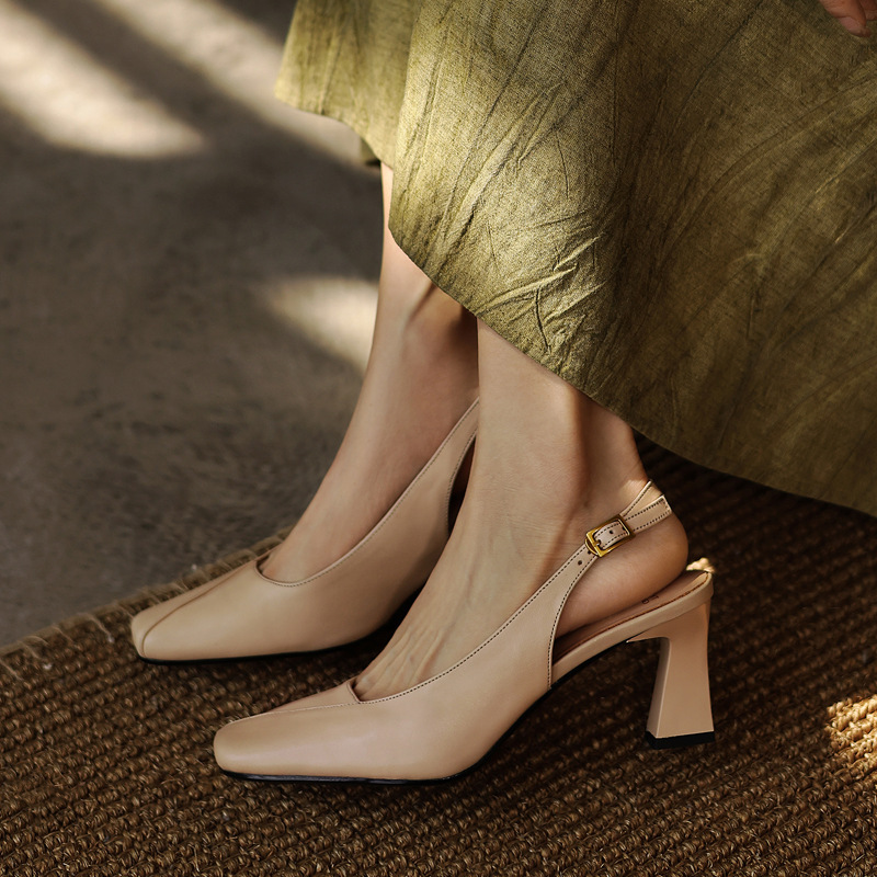 Versatile Apricot-colored Commuting Cowhide Sandals for Women, 2026 Spring/Summer, Chunky High Heel, Square Toe, Genuine Leather, Open Back Versatile Apricot-colored Commuting Cowhide Sandals for Women, 2026 Spring/Summer, Chunky High Heel, Square Toe, Genuine Leather, Open Back