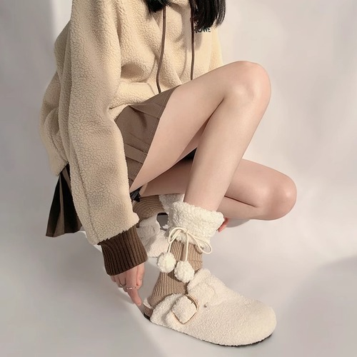 Autumn and winter soft and waxy lamb velvet lace fur ball socks Lolita girl mid-calf bow socks warm pile socks