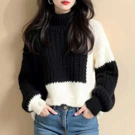 黑白撞色不规则粗线毛衣女2024新款冬季独特超好看高级感针织上衣