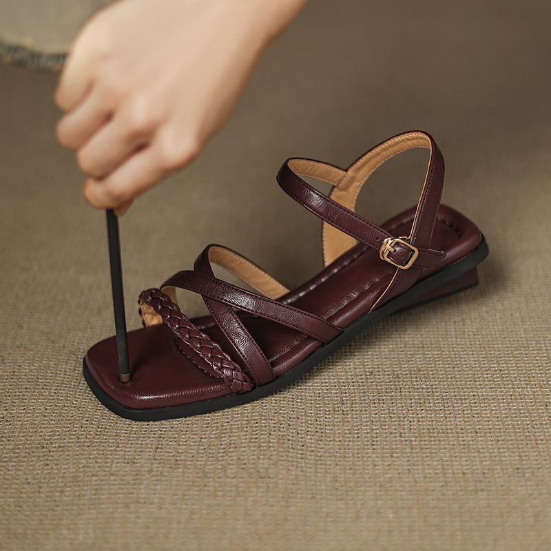 Dép sandal La Mã nữ đế bệt phong cách Pháp retro cổ tích — nâu