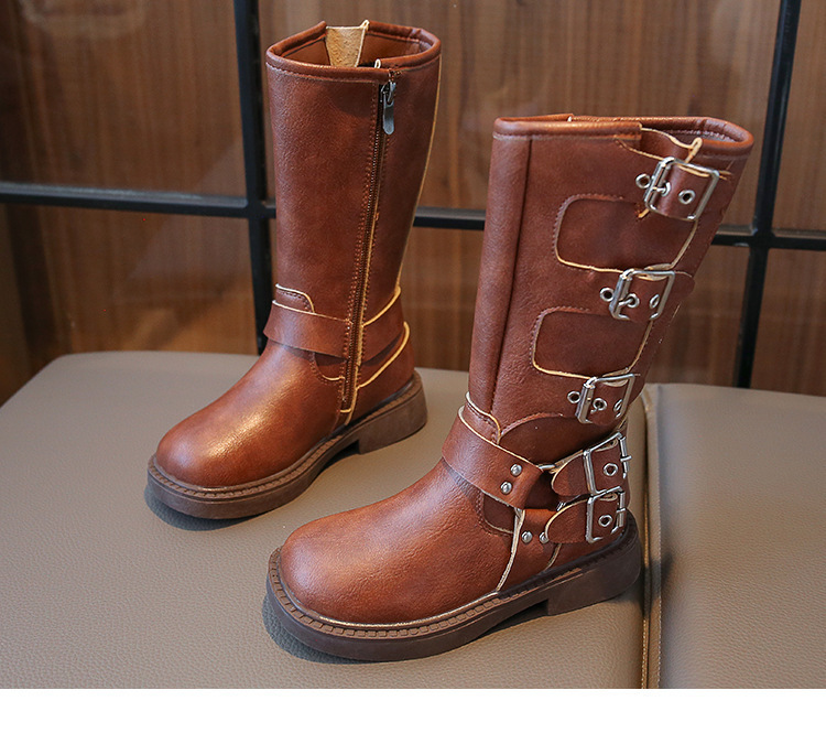 Bottes Martin montantes en cuir noires à fermeture éclair latérale pour filles et garçons de taille moyenne et grande, nouvelle collection automne 2024_voghion.com