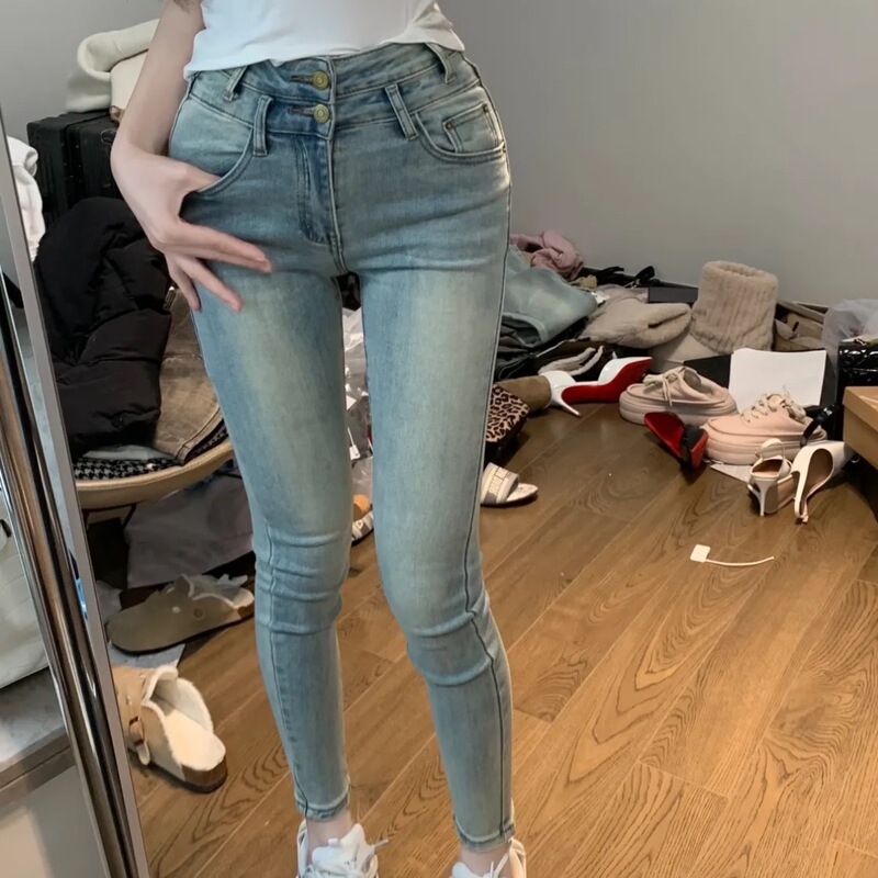 韩版复古水洗浅蓝色高腰小脚牛仔裤女百搭弹力修身显瘦铅笔九分裤|undefined