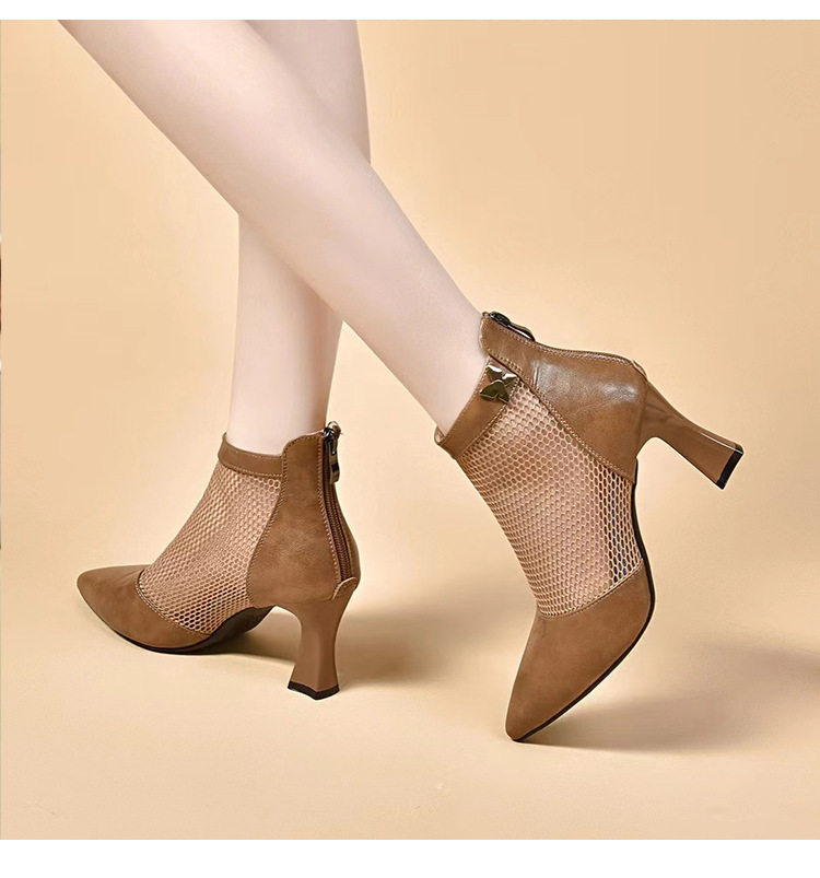 Boot lưới cao gót mũi nhọn nữ da thật gót thô cổ thấp hở gót — Màu đen Cashmere chi tiết 13
