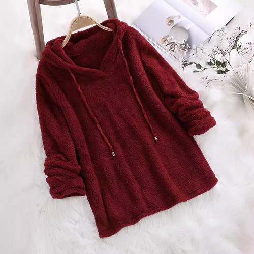 2025 Western and Eastern Amazon Autumn/Winter Bestselling Solid Color Long Sleeve Hooded Plush Double-Faced Fleece Sweatshirt Pajama for Women