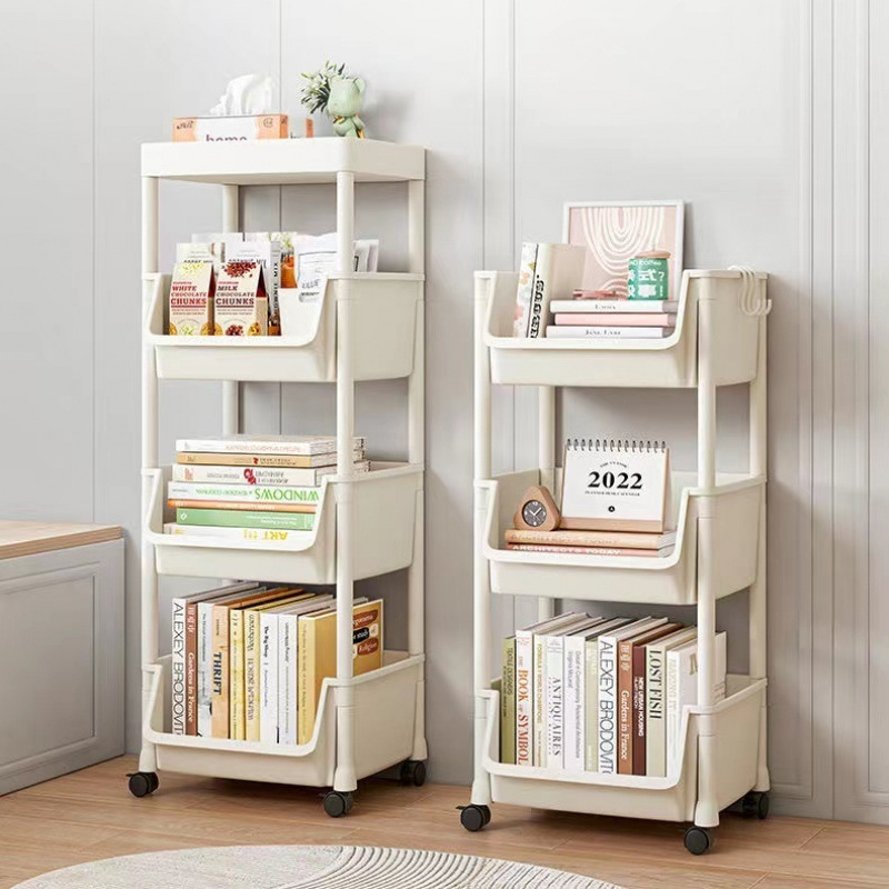 New Bookcase Bookshelf Multi-Layer Floor-Standing Storage Rack with Wheels Removable Trolley Storage Rack Sandwich Storage Rack