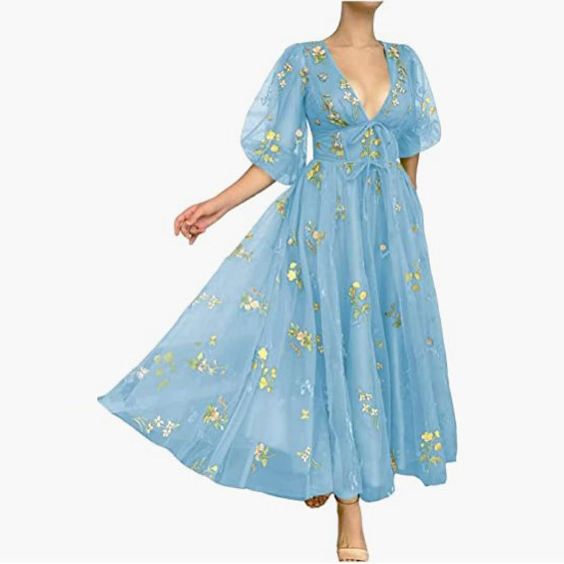 Comercio exterior europeo y americano Amazon AliExpress deseo estación independiente verde bordado encaje de media longitud vestido de bola profundo cuello en V