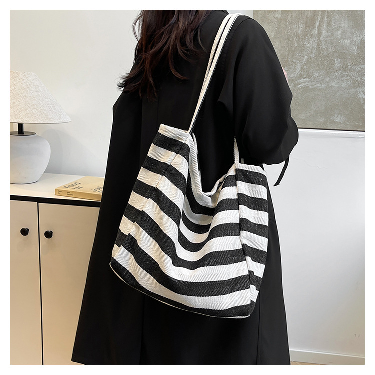Laid-back striped canvas bag, Korean ins artistic color-blocking tote bag, large-capacity single-shoulder bag, shopping bag, large bag undefined
