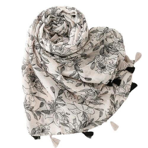 Cross-border export of Middle Eastern scarf, cotton and linen feel scarf, slub yarn, black and white flower turban, air conditioning shawl, tassels