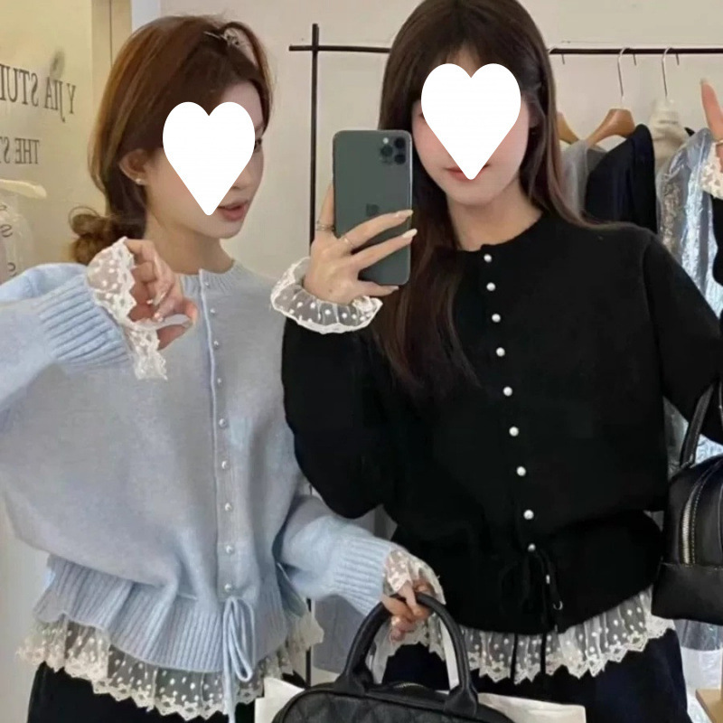 韩系甜美减龄蕾丝花边收腰系带毛衣女士春秋宽松显瘦百搭圆领上衣|undefined