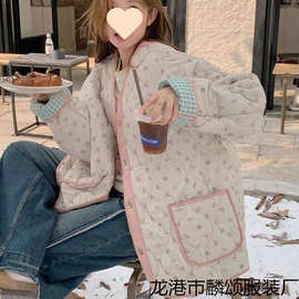 两面穿复古碎花小清新拼色格子棉服女2025新款秋冬加棉外套女棉衣
